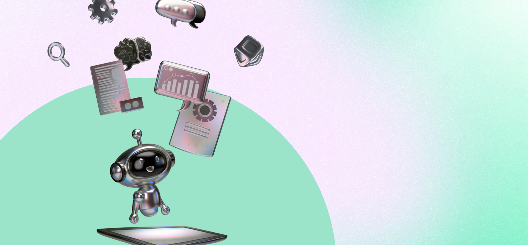 Small robot standing on a digital platform with floating icons for analytics, search, documents, messaging, and automation, representing AI-powered content management and business intelligence.