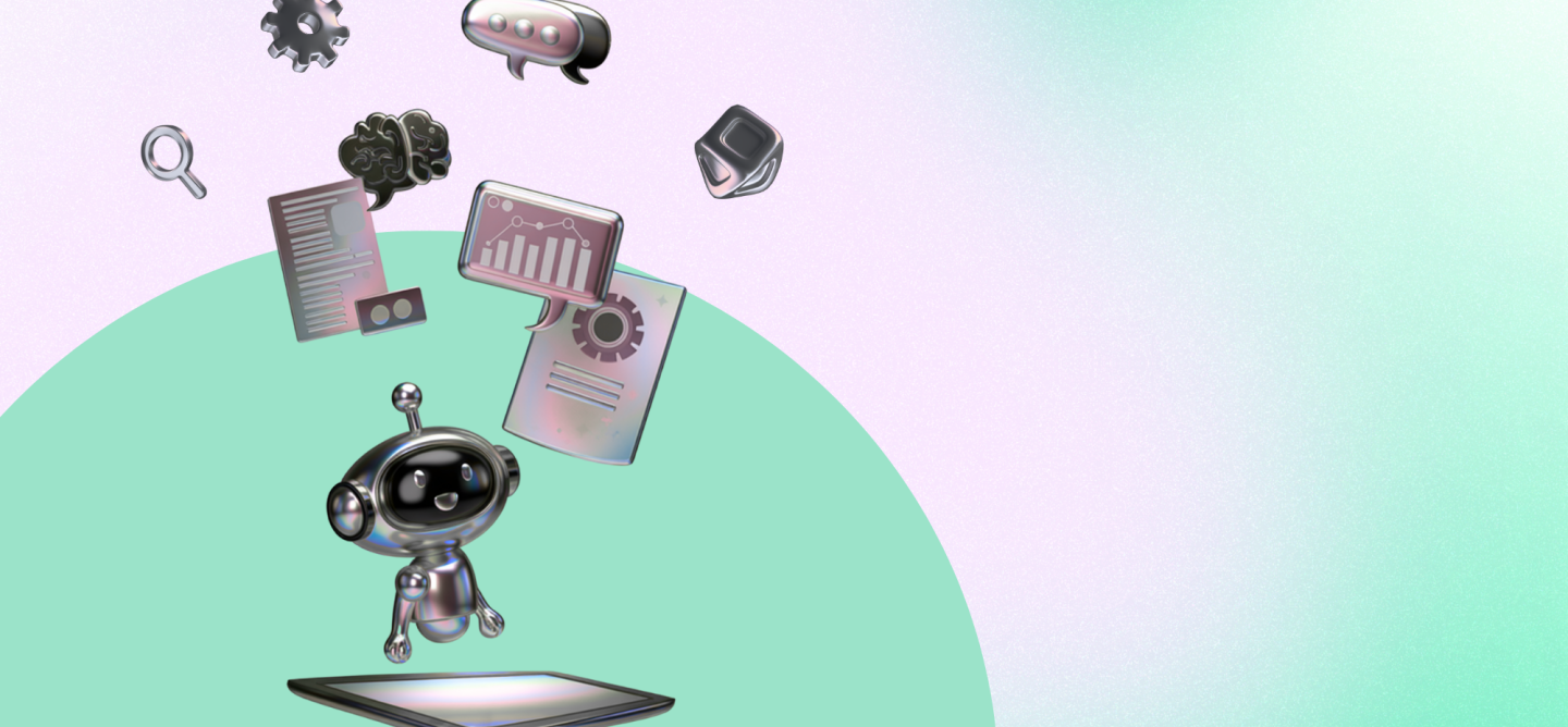 Small robot standing on a digital platform with floating icons for analytics, search, documents, messaging, and automation, representing AI-powered content management and business intelligence.