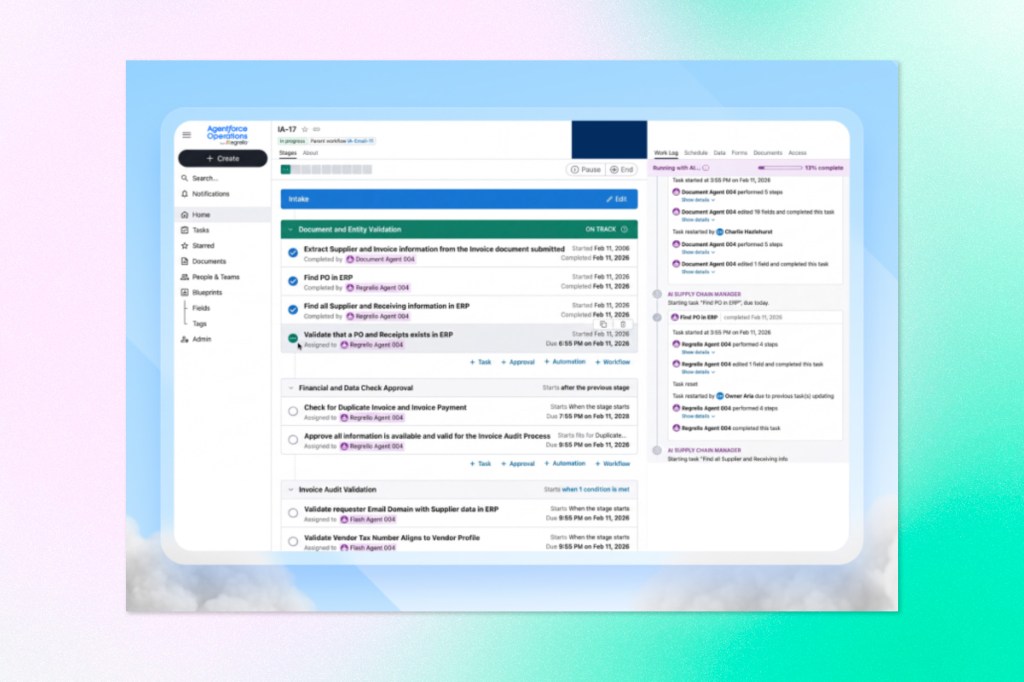 Interface preview of Salesforce Agentforce Operations showing AI agents managing multi-step back-office workflows across procurement, invoice validation, approvals, and ERP integrations.