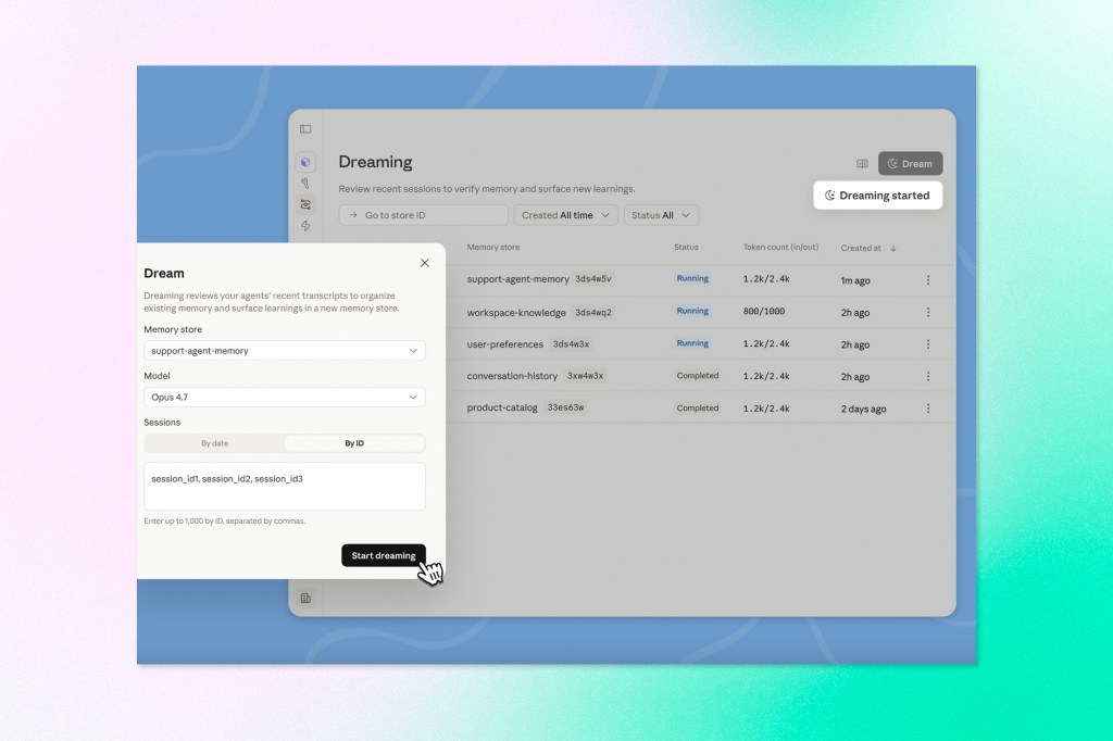 Anthropic Claude Managed Agents interface showing the new “Dreaming” feature, where agents review past sessions and update long-term memory stores to improve performance and learnings across workflows.
