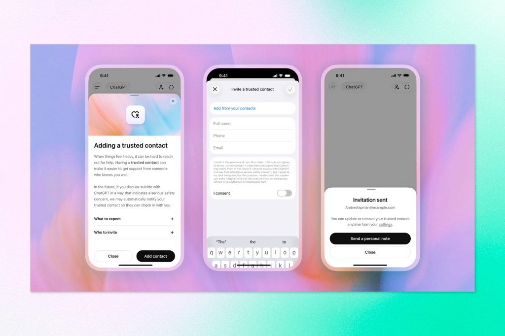 Soft pastel interface showing ChatGPT’s trusted contact feature across three mobile screens, including adding a contact, consent settings, and confirmation of an invitation being sent.