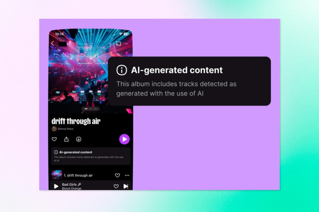Deezer interface displaying an “AI-generated content” label on a music release, highlighting the platform’s detection and tagging of AI-generated tracks.