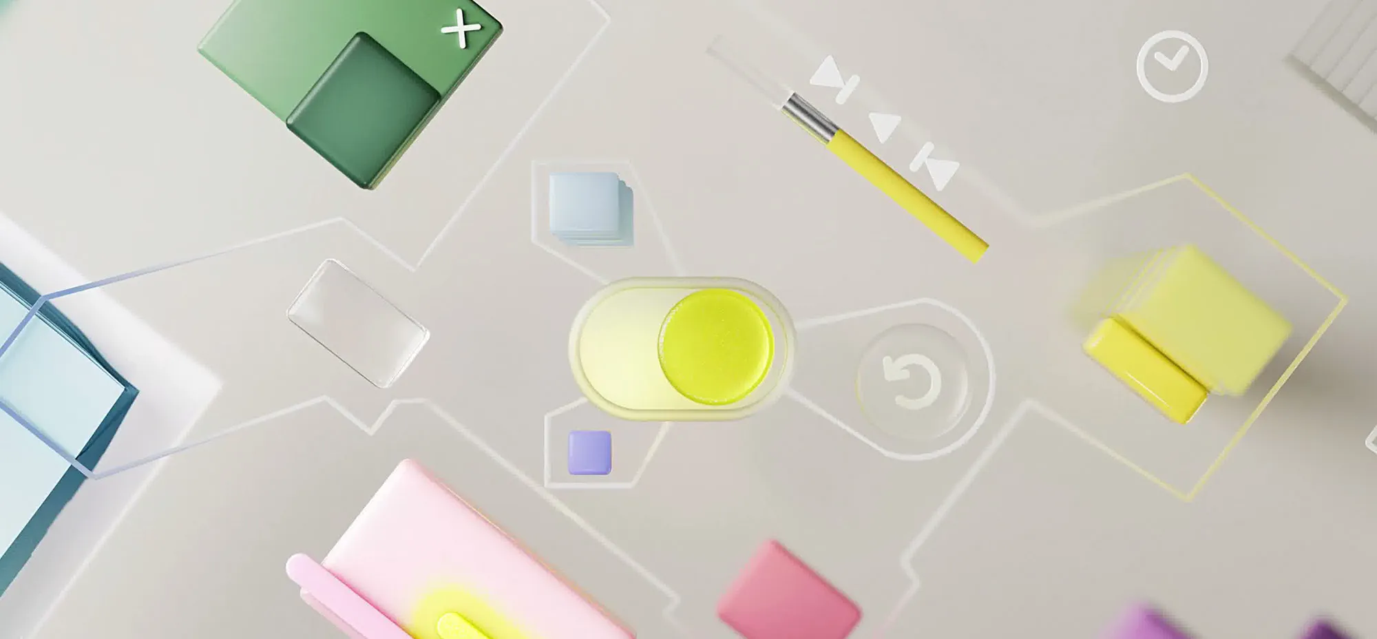 Abstract 3D illustration featuring floating geometric UI elements, a glowing toggle switch, and interface controls in pastel green, yellow, pink, and blue tones.