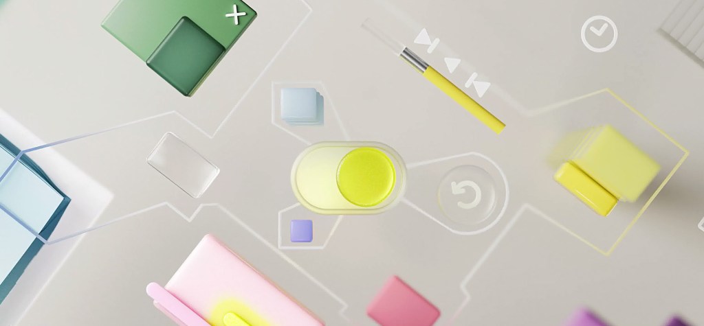 Abstract 3D illustration featuring floating geometric UI elements, a glowing toggle switch, and interface controls in pastel green, yellow, pink, and blue tones.