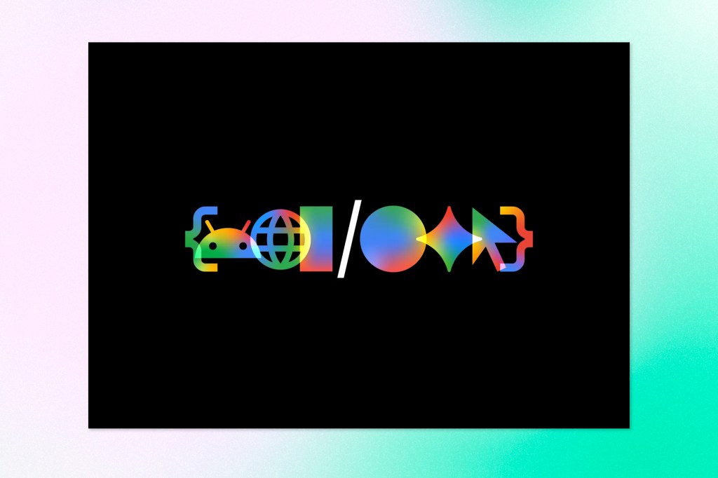 Black background featuring colorful gradient symbols and abstract icons associated with Google I/O 2026, including geometric shapes, a globe, arrows, and code brackets arranged in a futuristic, minimalist composition.