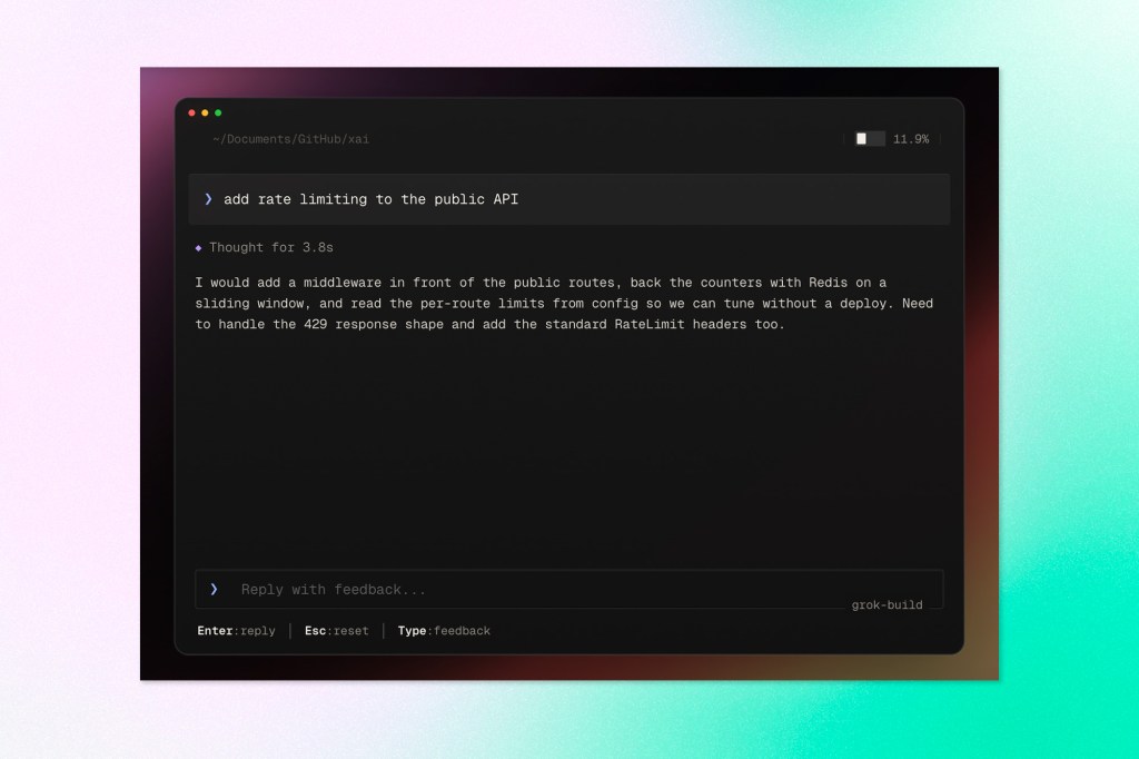 Dark-themed Grok Build coding assistant interface.