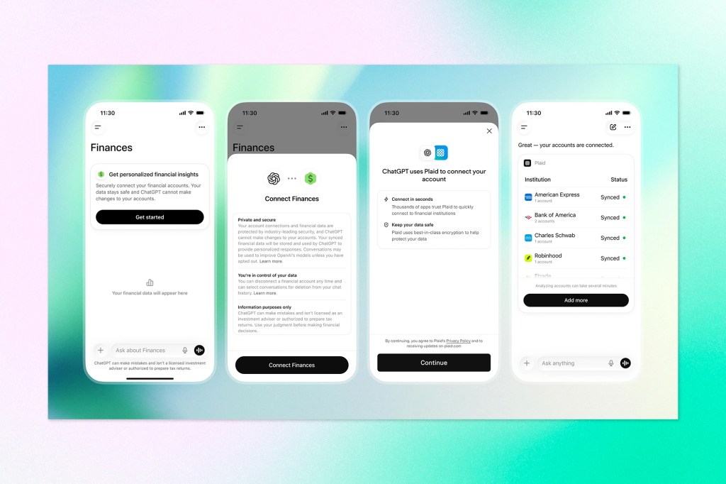 Series of mobile app interface screens showing ChatGPT finance integrations powered by Plaid, including account connection flows, financial insights setup, institution syncing, and privacy messaging for connected banking accounts.