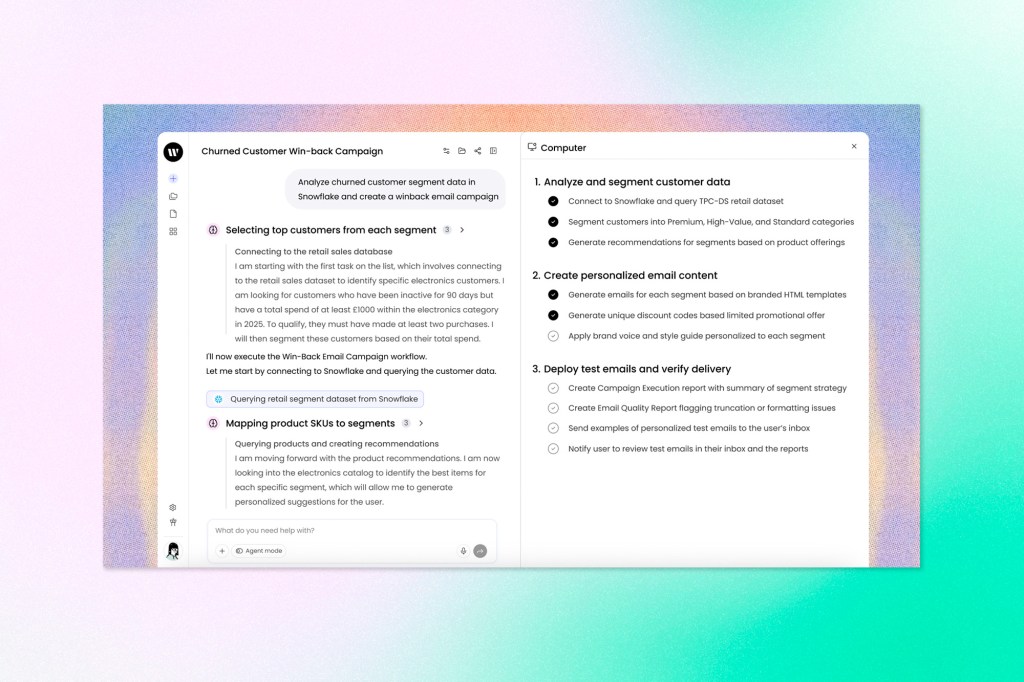 Writer agent workflow interface showing an AI-driven customer win-back campaign with automated segmentation, content generation, and deployment tasks running across enterprise systems.