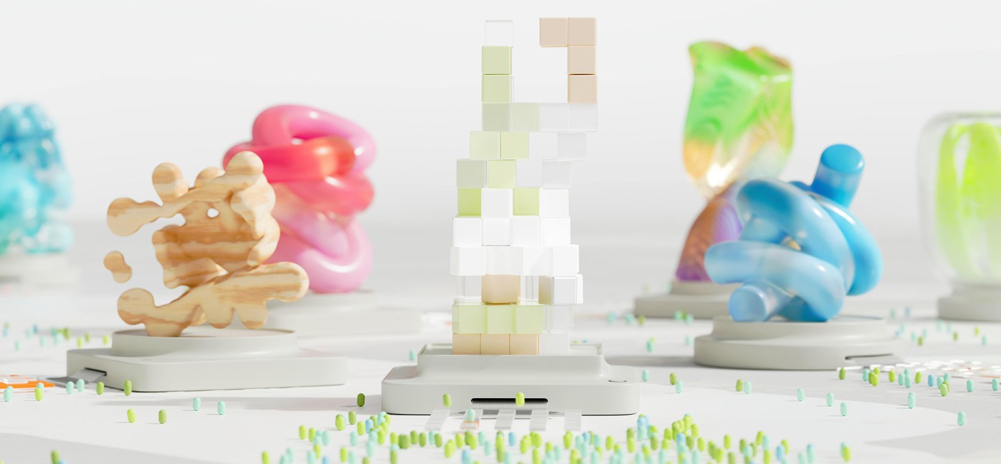 Abstract 3D illustration featuring colorful sculptural forms and a central AI-shaped structure built from translucent blocks, representing the evolving infrastructure of autonomous AI systems.