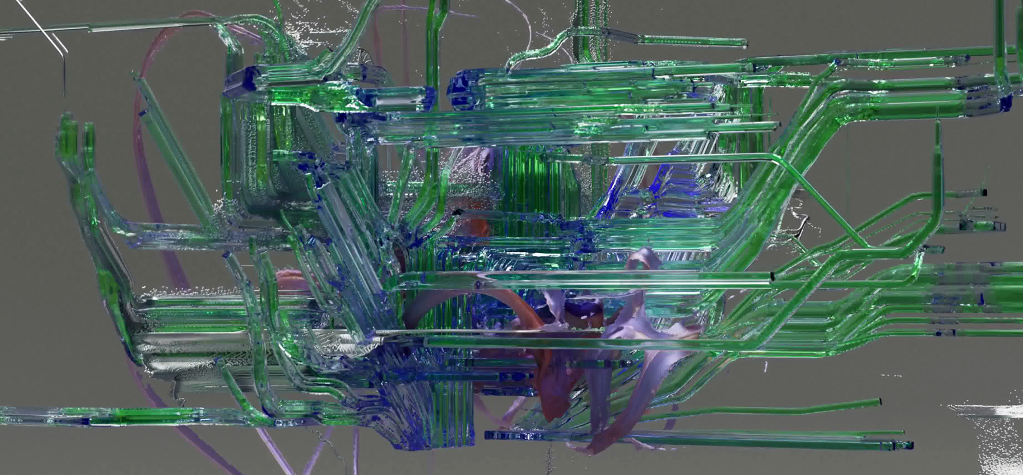 Abstract digital artwork featuring translucent green and blue glass-like tubes and interconnected structures floating against a grey background, evoking neural networks, data pipelines, or complex AI infrastructure systems.