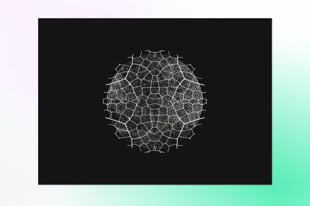 Abstract black-and-white visualization featuring a fragmented spherical structure made of interconnected geometric patterns, representing AI networks, neural systems, and complex digital intelligence.
