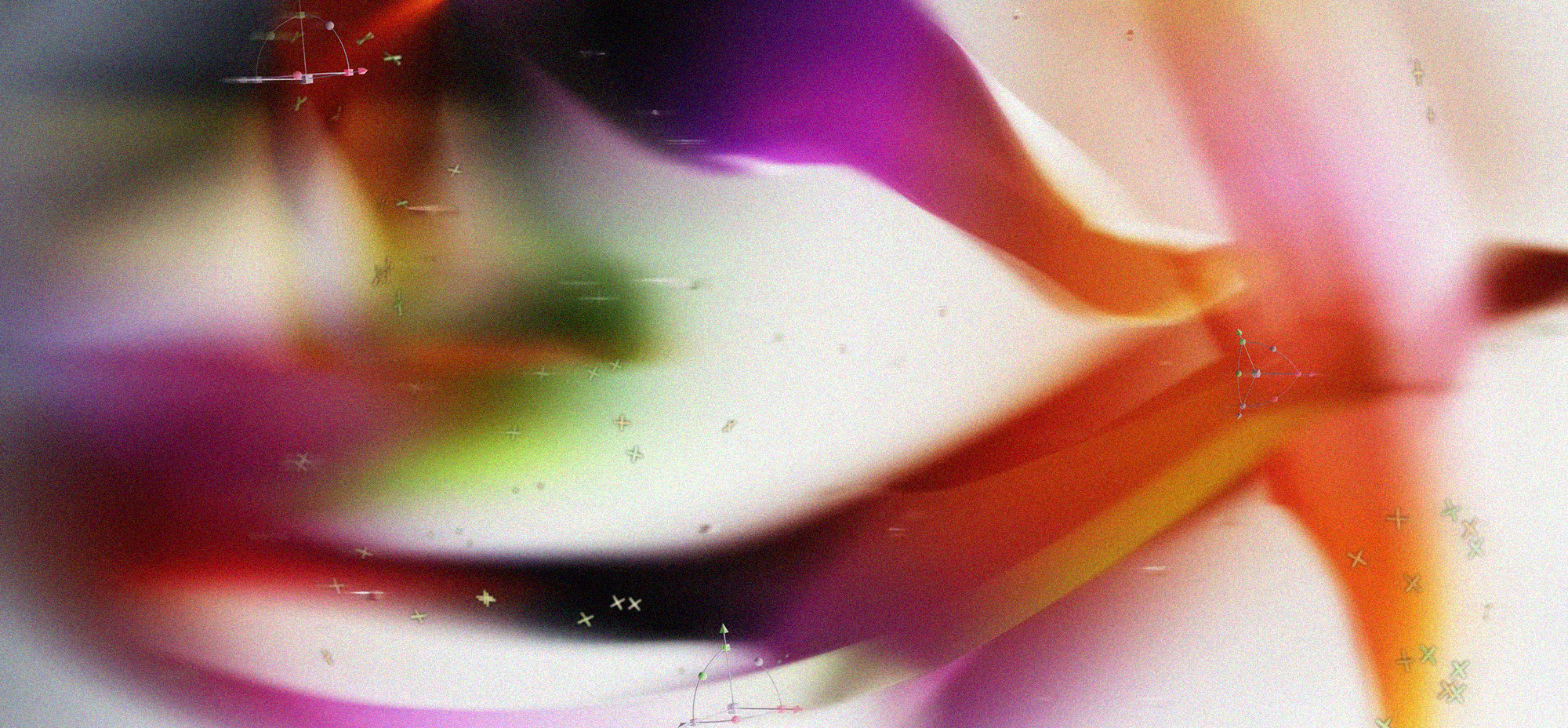 Abstract fluid composition with blurred organic shapes and subtle geometric overlays in vibrant pink, orange, and green tones, representing generative AI, motion, and digital creativity.