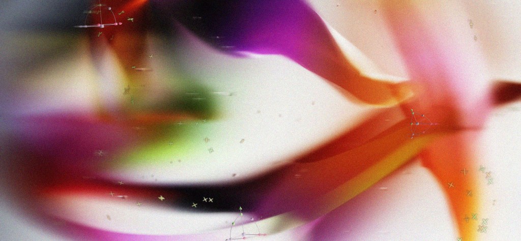 Abstract fluid composition with blurred organic shapes and subtle geometric overlays in vibrant pink, orange, and green tones, representing generative AI, motion, and digital creativity.