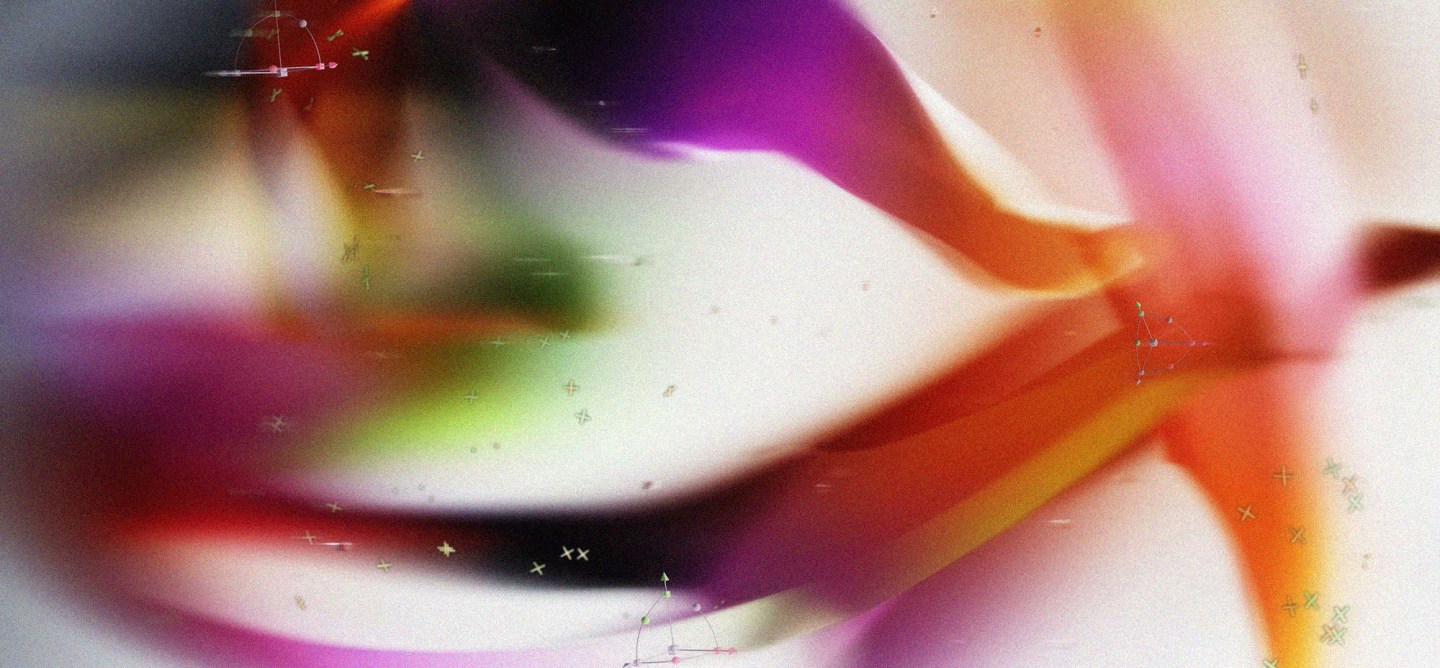 Abstract fluid composition with blurred organic shapes and subtle geometric overlays in vibrant pink, orange, and green tones, representing generative AI, motion, and digital creativity.