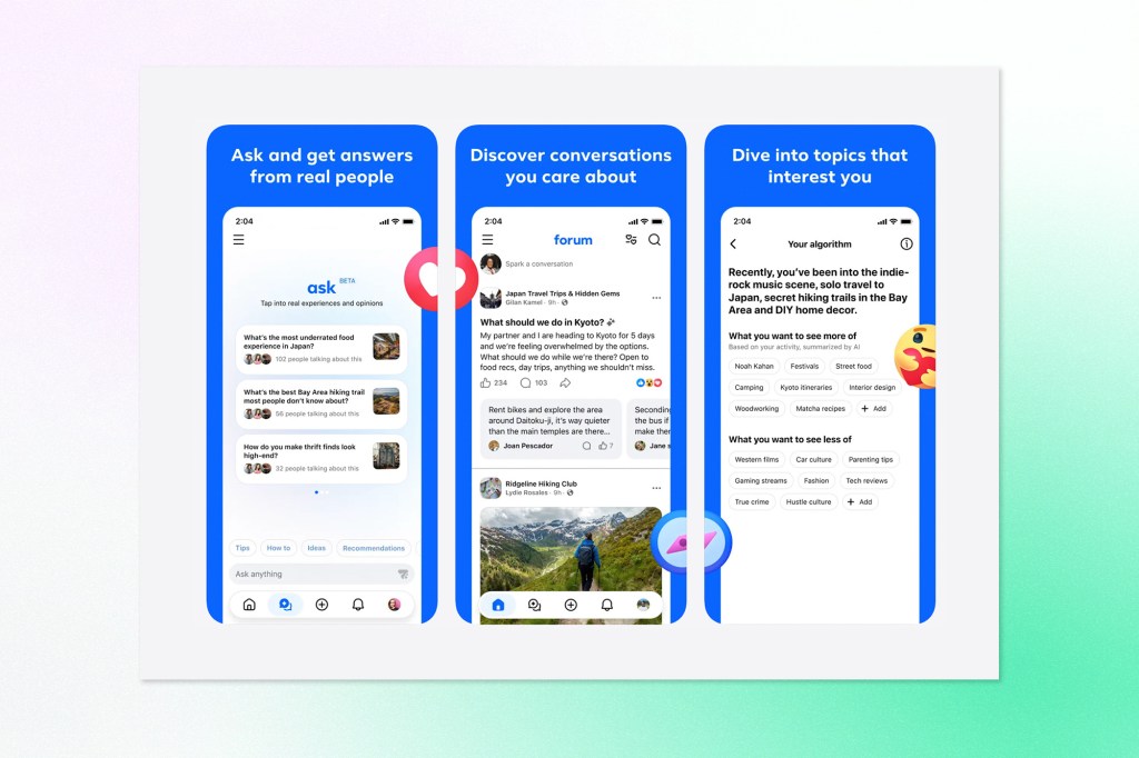 Mobile app interface mockups showcasing a social discovery platform focused on community conversations, personalized recommendations, and topic-based discussions powered by AI.