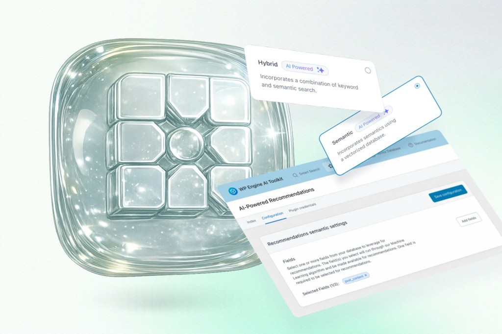Glass-like abstract interface element with glowing segmented shapes floating beside a WP Engine AI Toolkit dashboard. Overlay cards reference hybrid and semantic AI-powered search, with a soft white and mint gradient background creating a futuristic enterprise AI aesthetic.