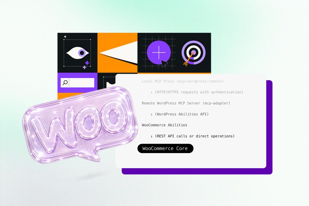 Purple glass-style WooCommerce speech bubble floating beside a technical interface diagram referencing WordPress MCP servers, APIs, and WooCommerce abilities. Abstract geometric UI elements and a soft green gradient background create a futuristic agentic commerce and AI workflow concept.