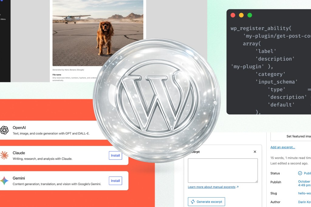 Digital collage featuring a translucent 3D WordPress logo layered over multiple WordPress and AI interface elements, including AI model installation cards, code snippets, media generation tools, and post editor panels. The composition uses soft gradients and overlapping UI components to represent AI-powered WordPress workflows.