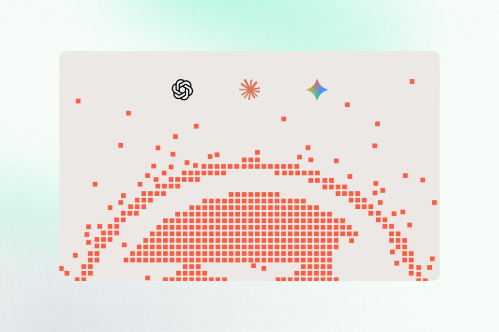 Minimal abstract illustration showing OpenAI, Claude, and Gemini logos above a pixelated orange-red dome pattern on a soft neutral background. The geometric design suggests AI infrastructure, data processing, or interconnected intelligence systems.