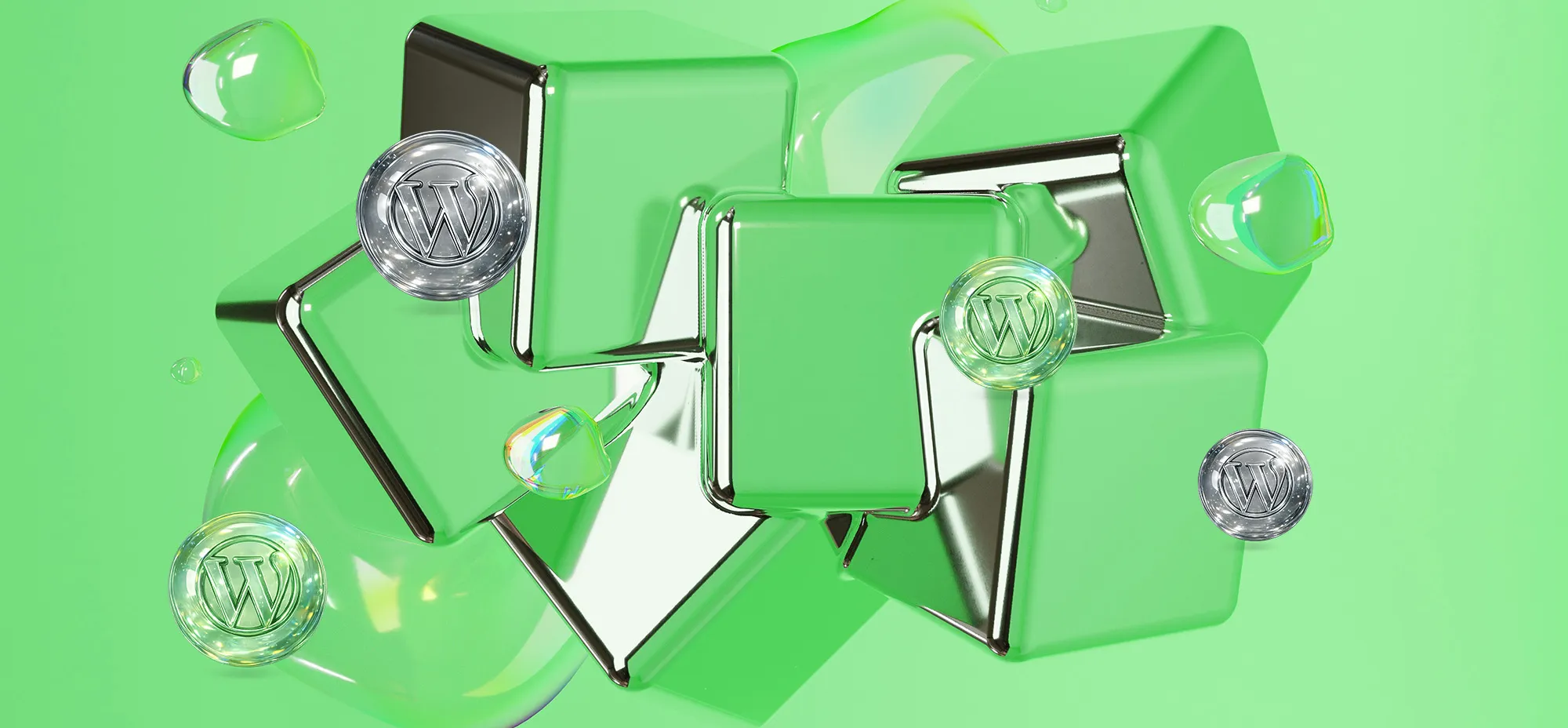 3D-rendered abstract composition with translucent green and chrome geometric shapes floating against a bright green background, surrounded by glossy bubbles containing the WordPress logo, representing AI-ready or agentic WordPress concepts.