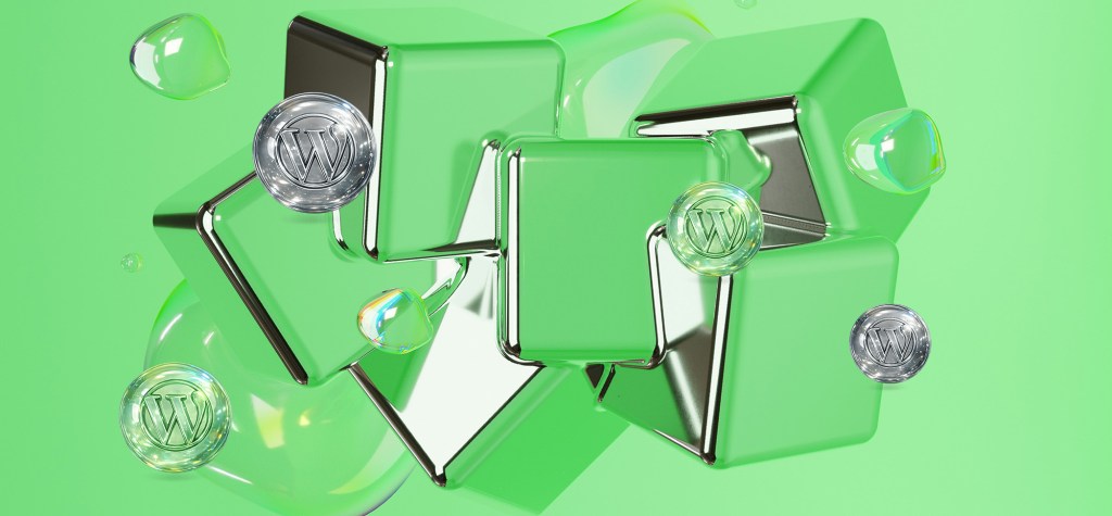 3D-rendered abstract composition with translucent green and chrome geometric shapes floating against a bright green background, surrounded by glossy bubbles containing the WordPress logo, representing AI-ready or agentic WordPress concepts.