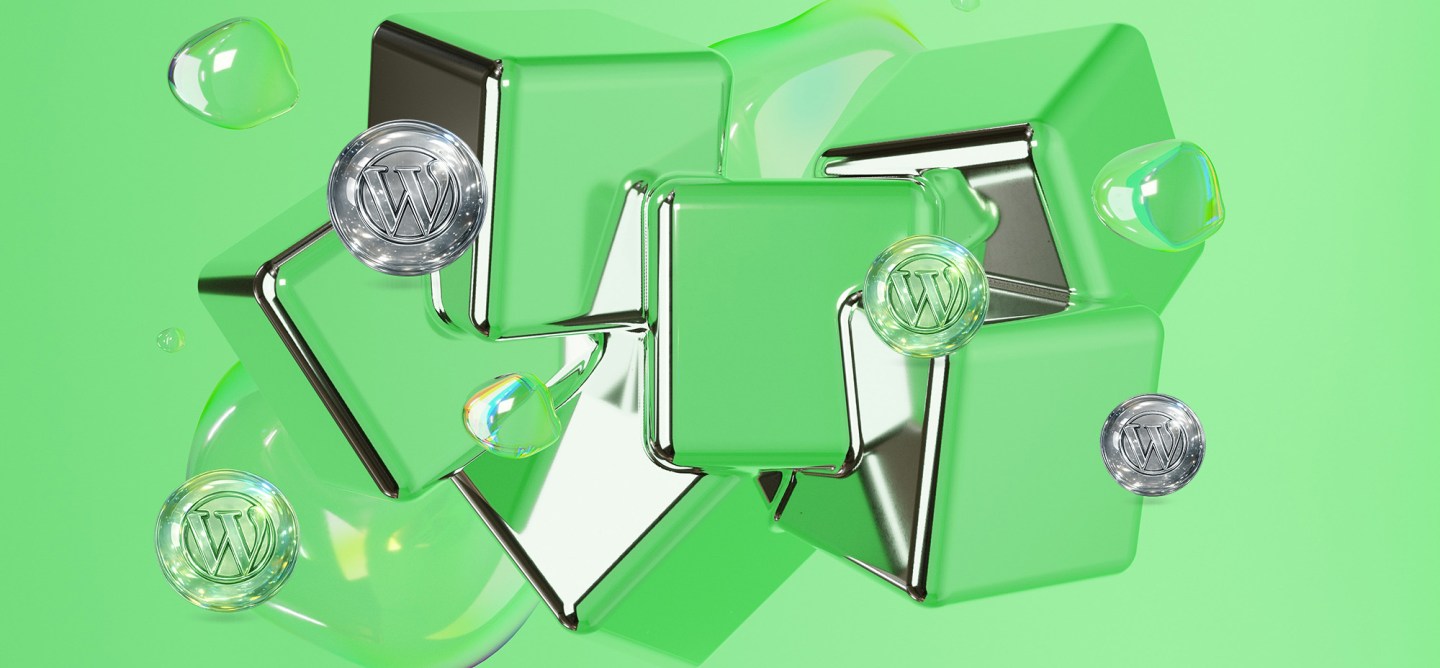 3D-rendered abstract composition with translucent green and chrome geometric shapes floating against a bright green background, surrounded by glossy bubbles containing the WordPress logo, representing AI-ready or agentic WordPress concepts.