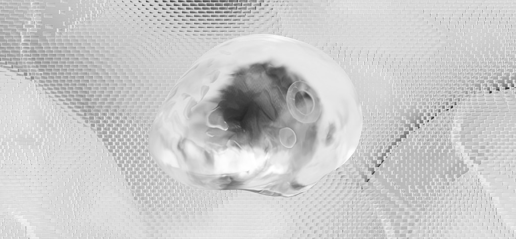 Abstract monochromatic 3D visualization featuring a translucent organic sphere floating over a geometric tiled surface, representing AI infrastructure, neural processing, and digital abstraction.