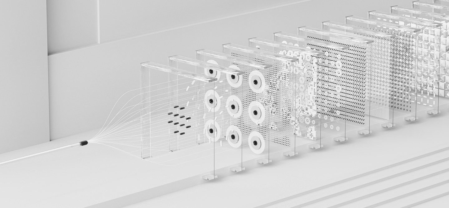 Minimalist white-on-white architectural visualization of layered transparent panels and flowing connection lines, illustrating modular systems, data flow, and headless digital architecture.