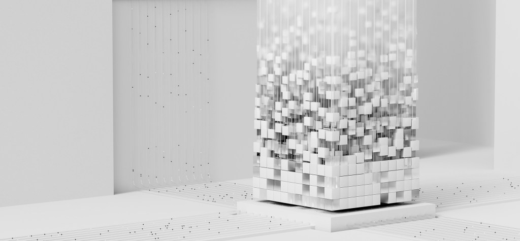 Abstract cubic structure composed of suspended translucent blocks and fine connection lines, symbolizing distributed computing, scalable infrastructure, and interconnected AI systems.