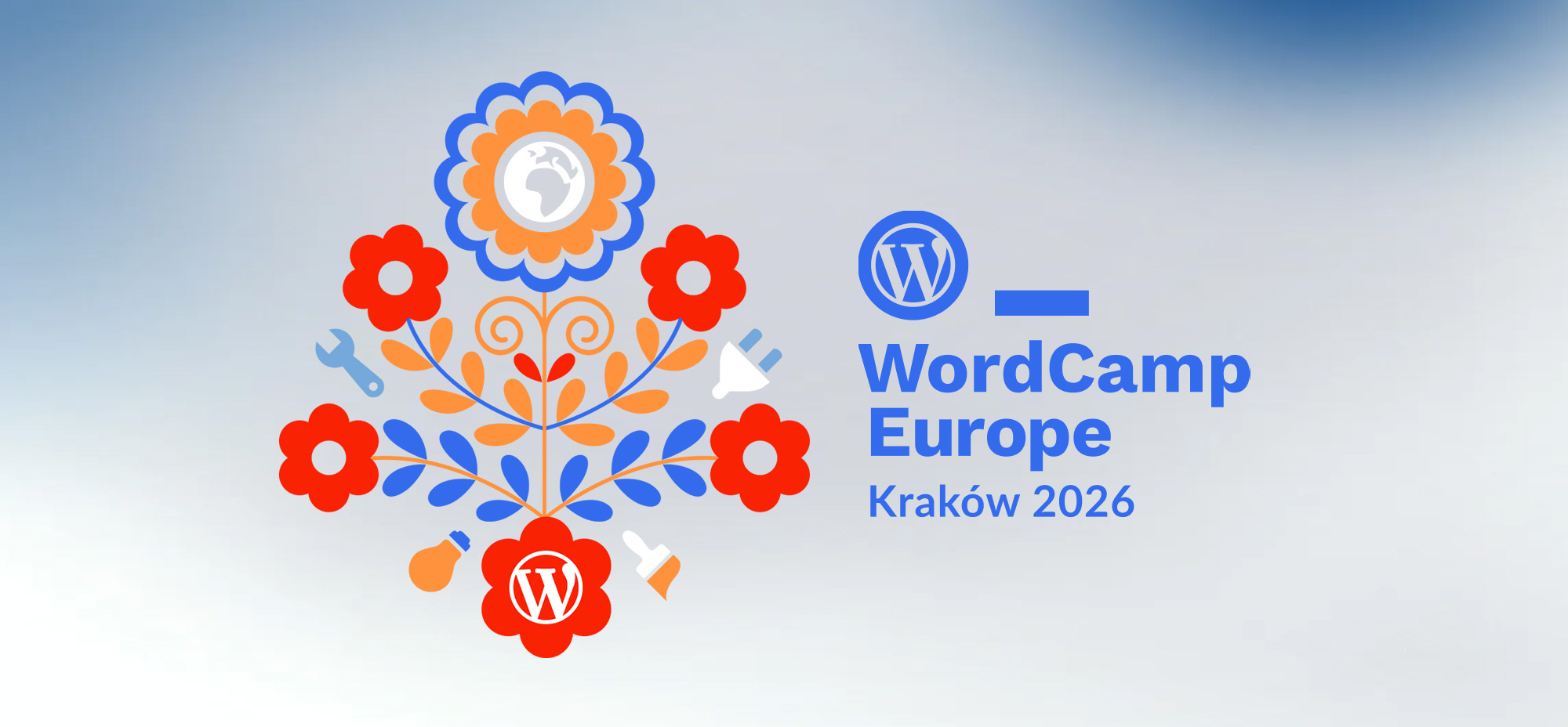 Official WordCamp Europe 2026 branding featuring a floral folk-inspired illustration alongside the WordCamp Europe Kraków 2026 logo in blue, orange, and red.
