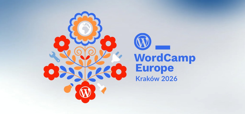 Official WordCamp Europe 2026 branding featuring a floral folk-inspired illustration alongside the WordCamp Europe Kraków 2026 logo in blue, orange, and red.