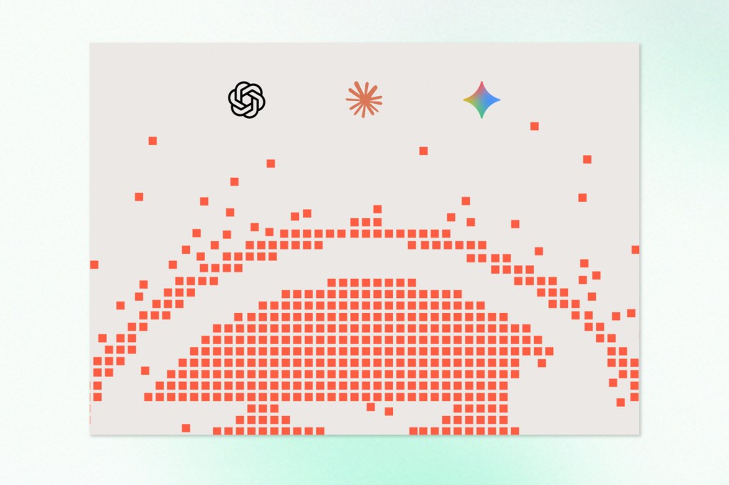 Minimalist abstract interface featuring coral-red pixelated wave patterns on a light grey background, with OpenAI and AI-related icons positioned at the top, representing generative AI, data visualization, or AI-powered workflows.