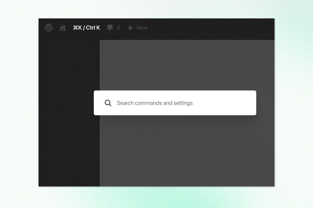 Minimal dark-mode WordPress dashboard interface featuring a centered command search bar with the text “Search commands and settings,” along with navigation and shortcut icons in the top toolbar, representing admin tools, productivity features, or command palette functionality in WordPress 7.0.