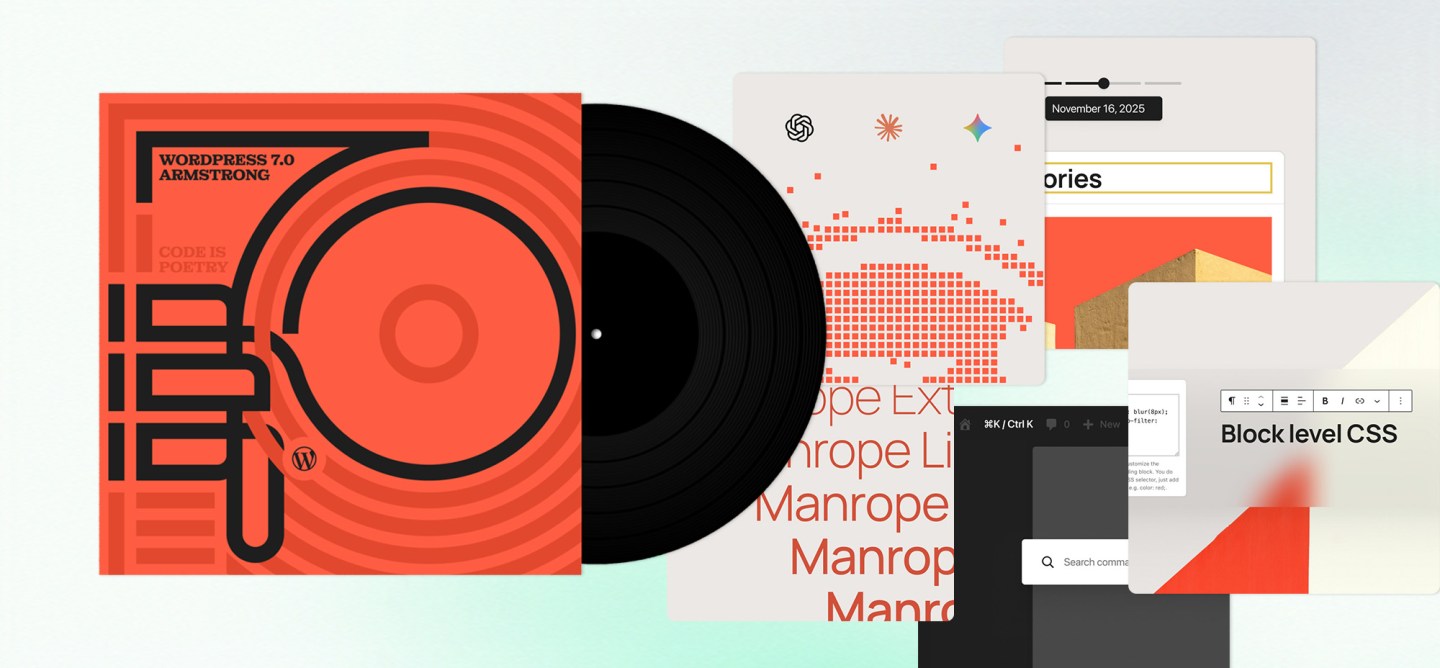 Abstract promotional artwork for WordPress 7.0 featuring a vinyl record-inspired design in coral, orange, and black tones, with layered circular patterns, bold geometric typography, and floating interface cards showcasing block editor and AI-related UI concepts.