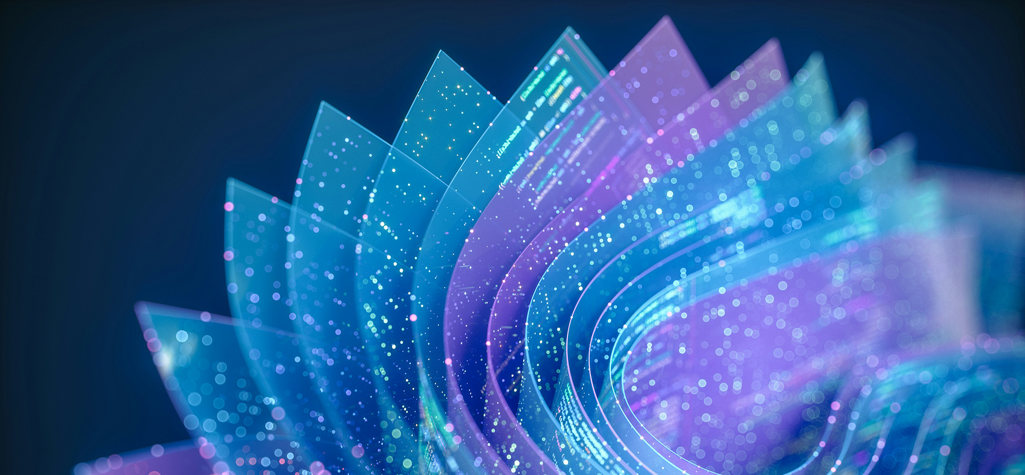 Abstract 3D illustration of translucent blue and purple layered panels with embedded code and glowing data points, representing structured content prepared for AI search and answer engines.