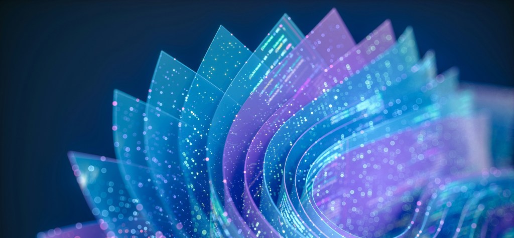 Abstract 3D illustration of translucent blue and purple layered panels with embedded code and glowing data points, representing structured content prepared for AI search and answer engines.