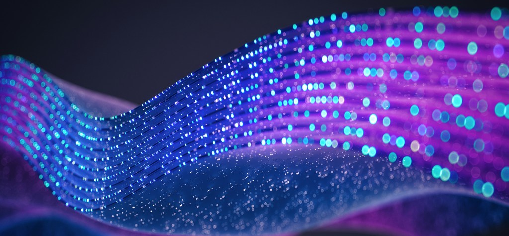 Abstract visualization of flowing blue and purple data streams with glowing nodes, symbolizing the movement of structured information through AI-powered search and retrieval systems.