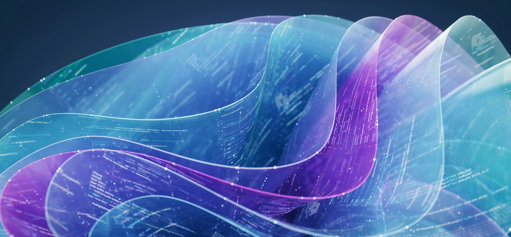 3D rendering of translucent, wave-like layers containing code and connected data points, illustrating structured content flowing through AI systems for semantic search and answer generation.