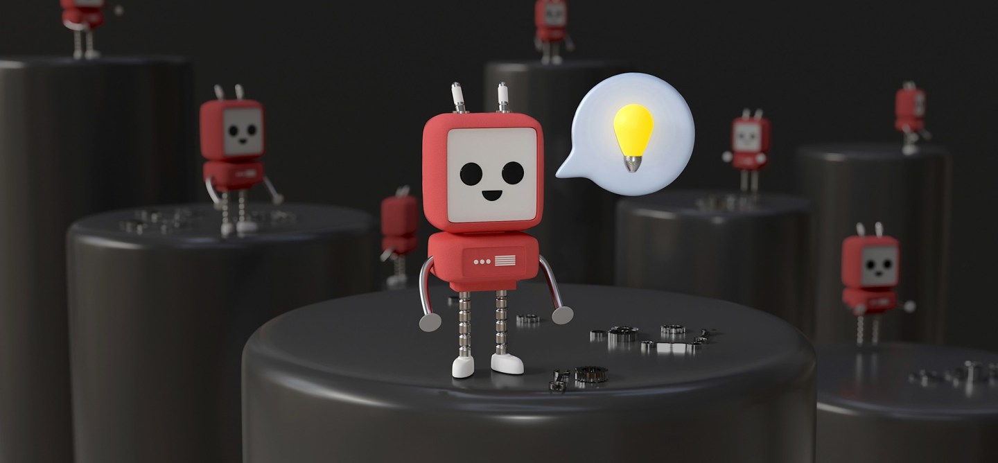 Red robot character standing on a dark platform surrounded by similar robots, with a glowing lightbulb inside a speech bubble representing ideas, innovation, or AI readiness.