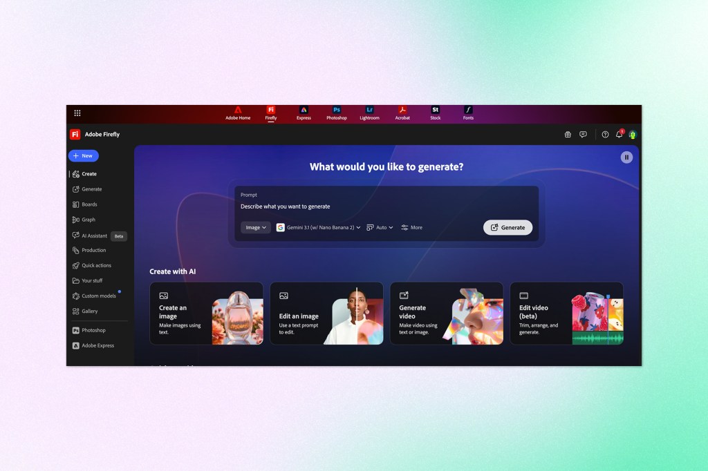 Screenshot of the Adobe Firefly interface showing AI-powered image and video generation tools, including prompt-based creation, editing, and content generation features.