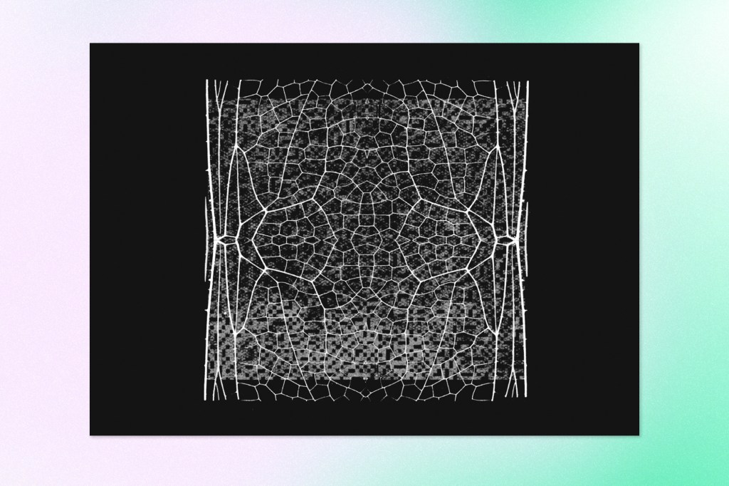 Abstract black-and-white network visualization with interconnected cells and branching pathways, symbolizing cybersecurity research, vulnerability discovery, and complex software ecosystems.