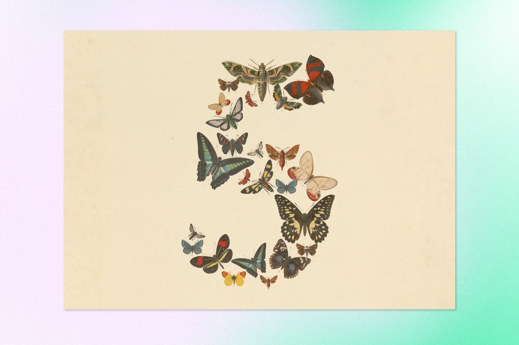 Vintage-style illustration of butterflies and moths arranged to form the number five on a cream background. The artwork visually represents Claude Fable 5 and Anthropic's latest AI model release.