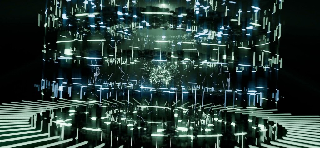 Abstract digital environment filled with glowing geometric lines, floating light structures, and a bright central cluster. The futuristic scene evokes advanced AI systems, computation, and complex neural networks.