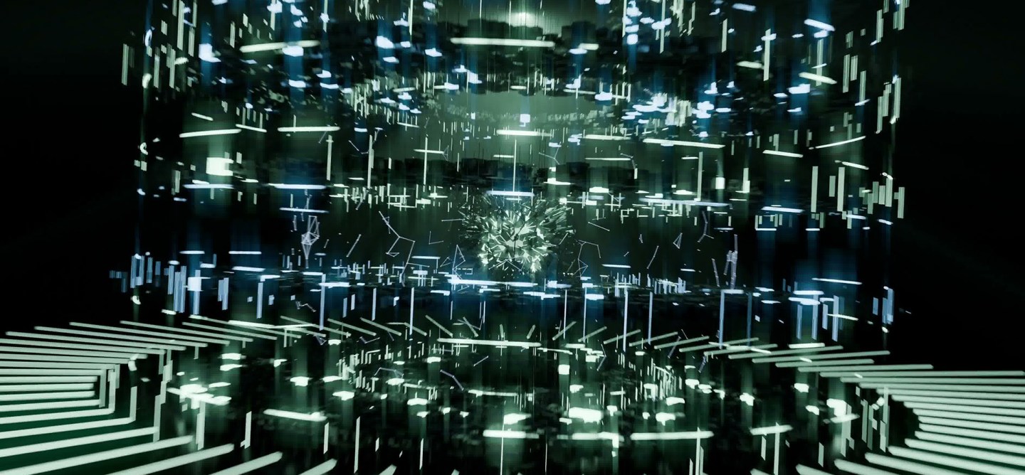 Abstract digital environment filled with glowing geometric lines, floating light structures, and a bright central cluster. The futuristic scene evokes advanced AI systems, computation, and complex neural networks.