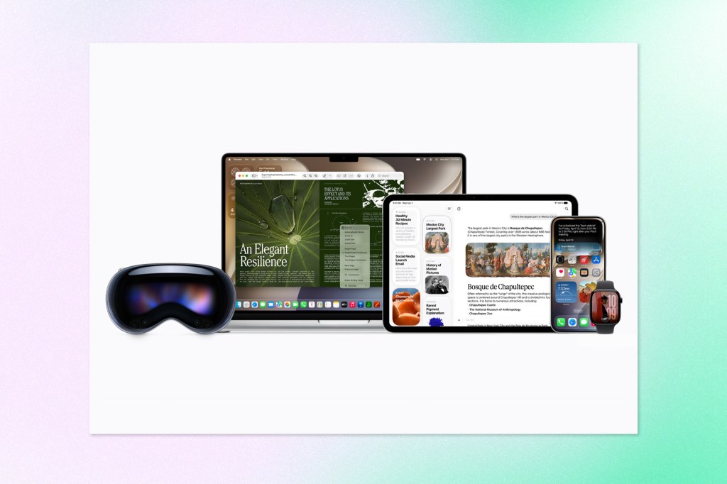 Promotional image showing Apple Vision Pro alongside a MacBook, iPad, iPhone, and Apple Watch displaying connected Apple Intelligence experiences across devices. The image represents Apple's AI ecosystem and the evolution of Siri.