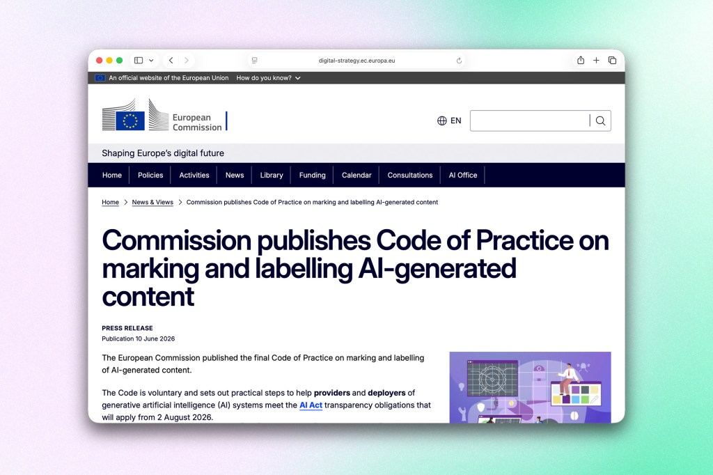 Screenshot of the European Commission website displaying a press release announcing the Code of Practice for marking and labelling AI-generated content under the AI Act.