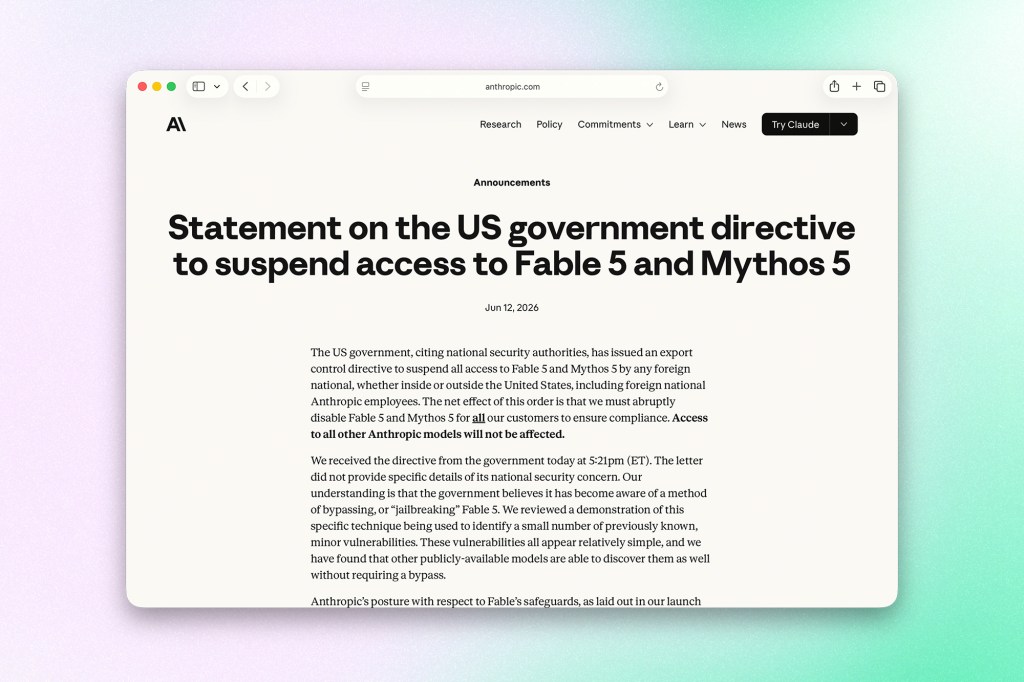 Screenshot of Anthropic’s website displaying a statement on the US government directive requiring the suspension of access to the Fable 5 and Mythos 5 AI models.