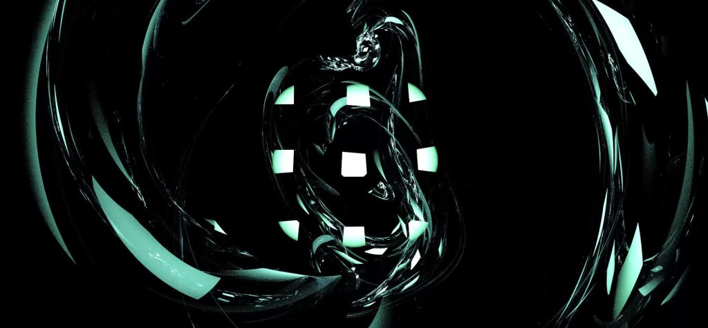 Abstract dark digital artwork featuring glowing teal geometric shapes and fluid glass-like forms, representing artificial intelligence, emerging technology, and digital systems.