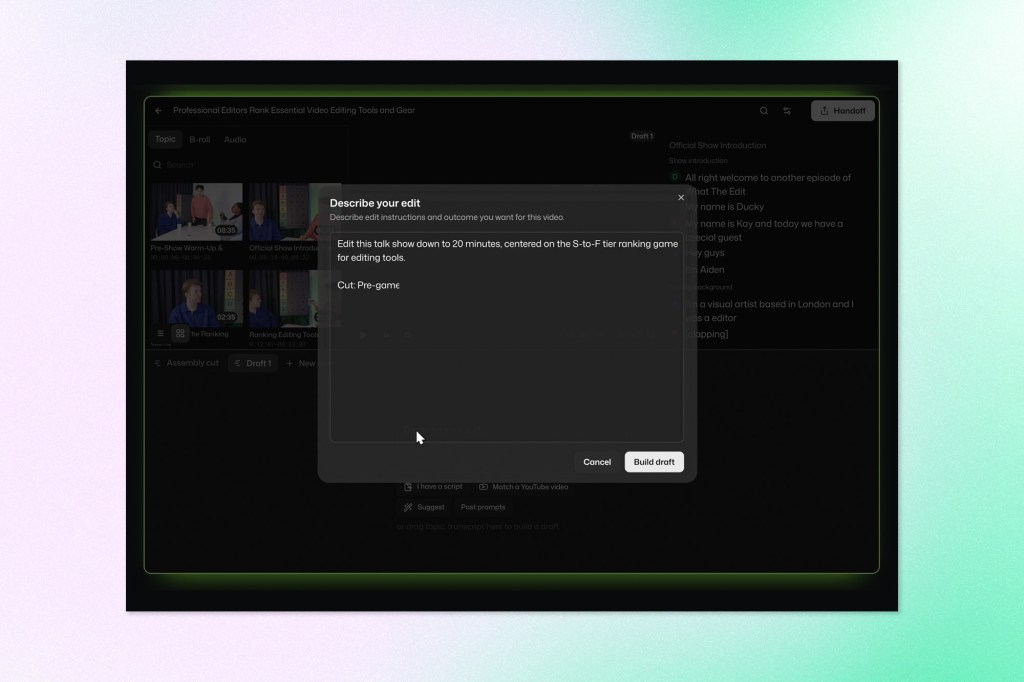 Screenshot of an AI-powered video editing interface showing a text prompt used to generate an automated video edit draft.