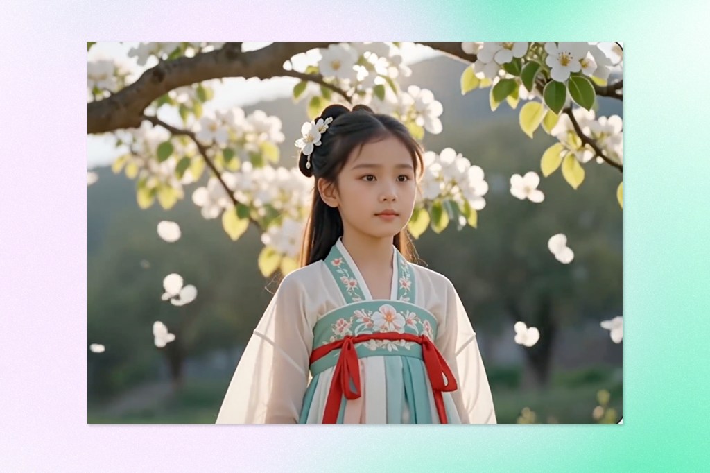 Young girl in traditional clothing standing beneath blooming white flowers, representing Alibaba's HappyHorse AI image generation model and advances in creative AI.